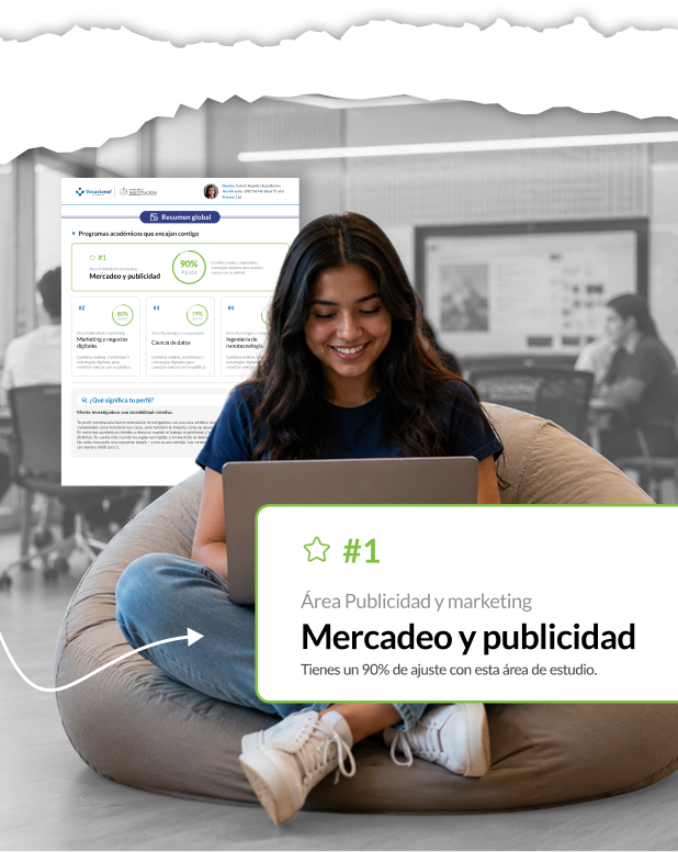 Estudiante revisando su reporte vocacional de 16 páginas con el área Mercadeo y publicidad al 90% de ajuste