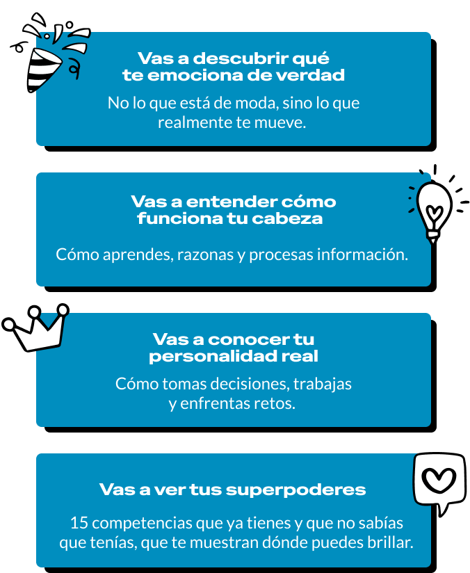 Vas a descubrir qué te emociona de verdad: no lo que está de moda, sino lo que realmente te mueve. Vas a entender cómo funciona tu cabeza: cómo aprendes, razonas y procesas información. Vas a conocer tu personalidad real: cómo tomas decisiones, trabajas y enfrentas retos. Vas a ver tus superpoderes: 15 competencias que ya tienes y que no sabías que tenías, que te muestran dónde puedes brillar.
